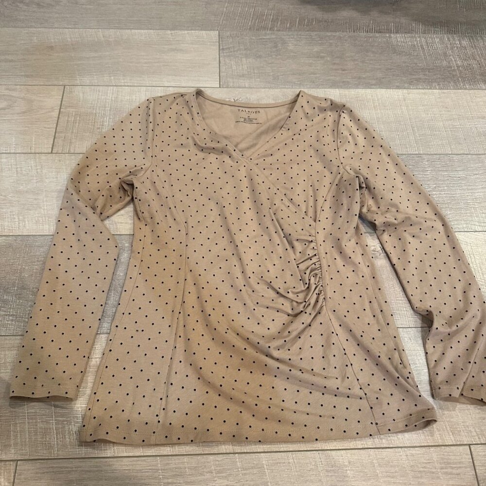 TALBOTS WOMENS TAN LONG SLEEVE POLKA DOT SHIRT MEDIUM